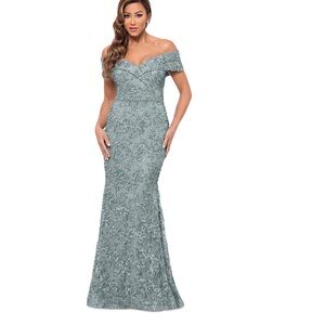 Xscape Seafoam Green Sequined Lace Evening Dress
